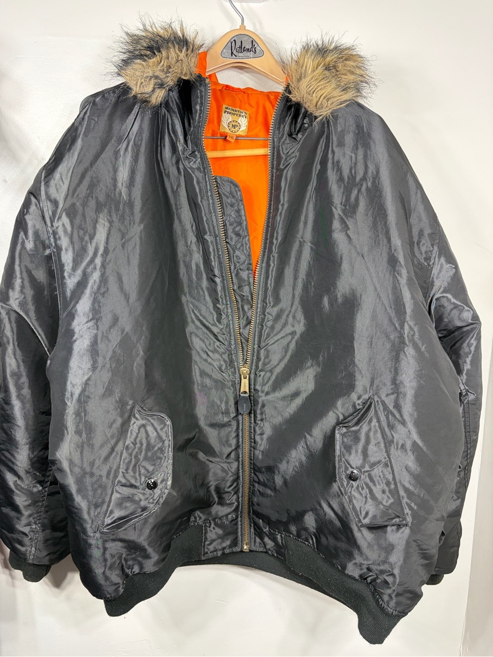 Members Property Faux Fur Hood Bomber Jacket Black Orange 3XL Insulated